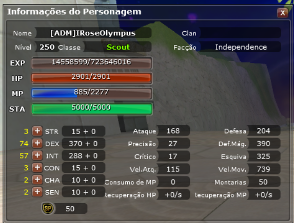 Character Information window showing the status point controls in iRose Olympus